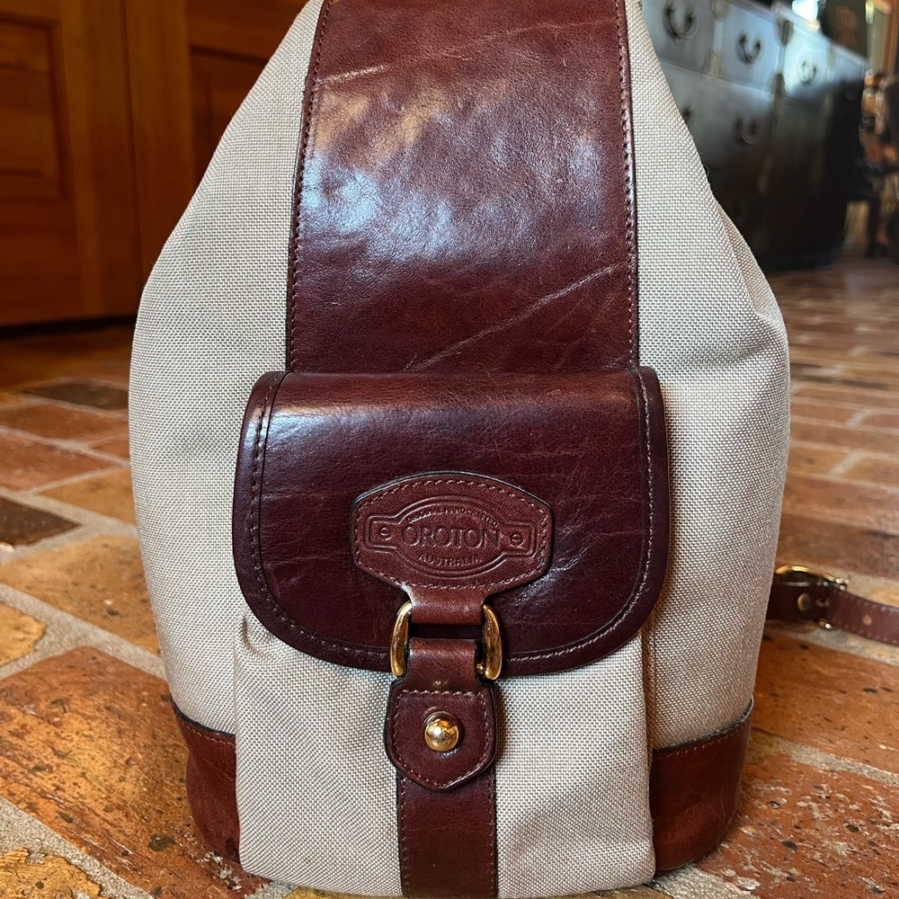 Oroton Cream and Brown Leather-Trim Backpack